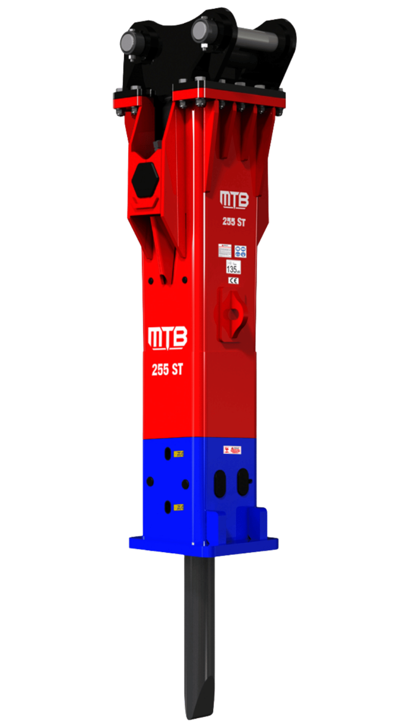 چکش هیدرولیکی MTB 255 نصب شده روی بیل مکانیکی متوسط