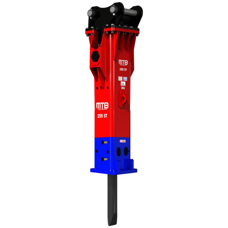 چکش هیدرولیکی MTB 255 نصب شده روی بیل مکانیکی متوسط