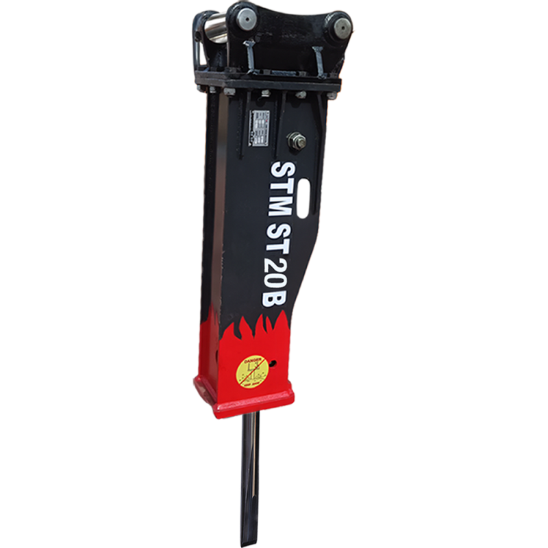 چکش هیدرولیک (پیکور) مدل STM20 نصب شده بر روی یک بیل مکانیکی متوسط در یک کارگاه ساختمانی